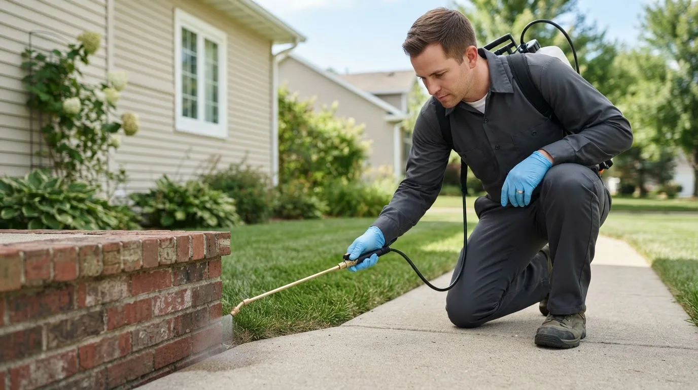 Pest control technician treating a home near Avon, IL